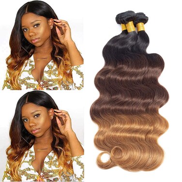 Ombre Body Wave Bundles Brazilian Virgin Human Hair Bundles Ombre Human Hair Extensions 3 Tone Mixed 1B/4/30 Color (14 16 18) Ombre Bundles Body Wave 3 Bundles