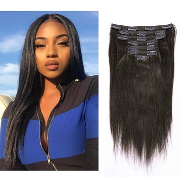 Anrosa Yaki Clip ins Yaki Hair Extensions Clip in Human Hair 1B Natural Black Yaki Straight Clip ins Yaki Hair Clip in Extensions for African American Black Women Natural Hair Thick 22 Inch 120 Gram