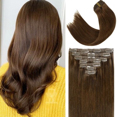 Lacer Hair Extensions Clip In Real Human Hair Extensions 120g 7 Pieces Silky Straight Weft Remy Human Hair Clip in Hair Extensions Chocolate Brown #4 18 Inch