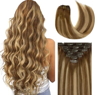 Lacer Hair Extensions Clip in Human Hair Ombre Chocolate Brown to Caramel Blonde with Brown Roots 120g 7pcs Remy Human Hair Extensions Clip in Real Natural Hair Extensions Straight 14 Inch