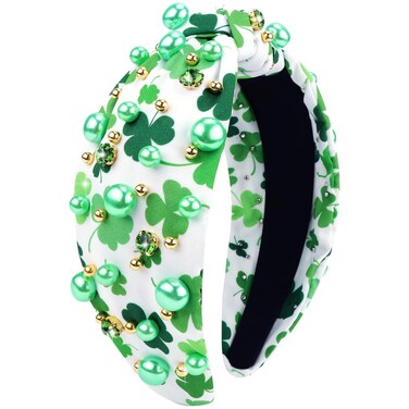 VELSCRUN St. Parik's Day Headband for Women Girls, Green Shamrock Headband Embellished Crystal Rhinestone Knotted Head Band, Irish Holiday Hair Band 02