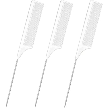 3 Pack Hair Rat Tail Combs Set, Parting Rattail, Teasing Fine Tooth Comb, Metal Hair Pick Detangling, Heat Resistant Carbon Fiber Teasing Comb, and Stainless Steel Pintail(White)