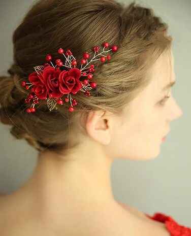 Chargances Bride Floral Hair Comb Rhinestone Hair Comb, Wedding Red Hair Piece, Boho Delicate Handmade Gold Jewelry Gift for Women and Girls