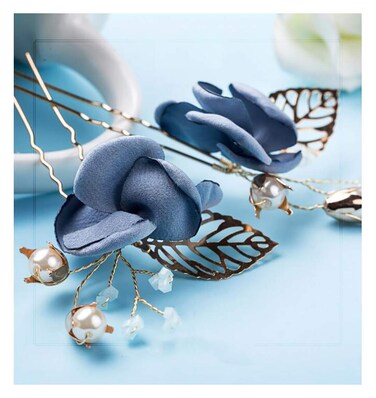 Chargances 2pcs Bride Floral Blue Hair Pin Wedding Hair Clip Rhinestone Hair Pin Crystal Hair Pin Wedding Hair Accessories Hair Piece Boho Delicate Handmade Gold Jewelry for Women and Girls