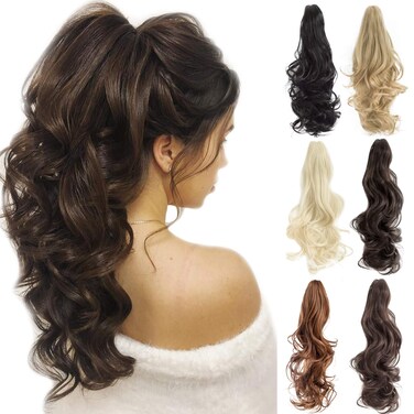 FELENDY Ponytail Extension Claw 18" 20" Curly Wavy Straight Clip in Hairpiece One Piece A Jaw Long Pony Tails for Women Grey Silver