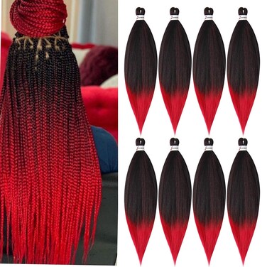 8 Packs Pre-stretched 26 Inch Braiding Hair Extensions Yaki Texture Professional Crochet Braids Hair Hot Water Setting Synthetic Hair for Twist Braids Ombre Black to Red
