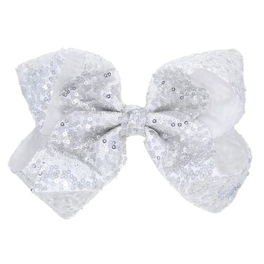 Hair Bows with Sequins: Large 8 Inch Alligator Clips and Barrettes for Girls, Women, Teens, and Kids (Silver)
