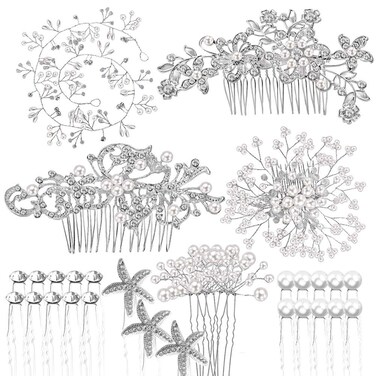 44 Pcs Wedding Hair Clips for Brides Pearl Crystal Bridal Hair Accessories Side U Shaped Clips Silver Rhinestone Spiral Pins for Women Bridesmaid Down Headpiece
