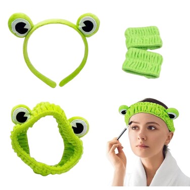 Cute Frog Headband,Spa Headband and Wrist Bands,Skincare Headbands, Makeup Headband,Frog Elastic Face Wash Sets for Girls and Women