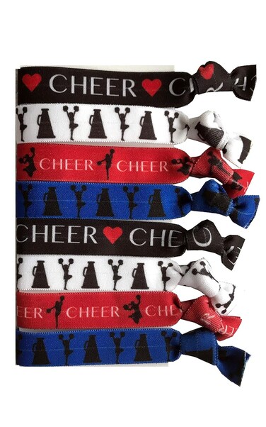 8 Piece Cheerleading Gift Hair Elastics - 8 Count (Pack of 1), 5" Circumference, 4 Cute Cheerleading Themed Designs, Stretchy Rubber, All Hair Types, Adult Female