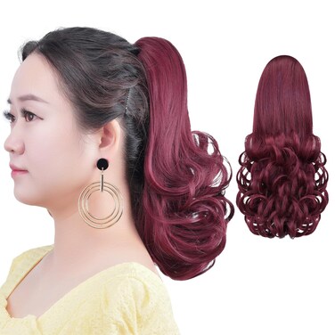 Burgundy Ponytail Extensions Fake Claw Clip Ponytails Synthetic Dark Red 12" Wavy 3.8 OZ Curly Hairpieces Women Wig Yaki Fluffy&not; Tangled