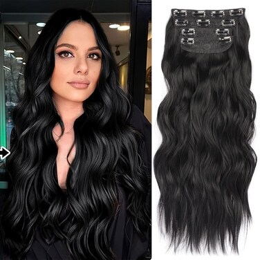 20inch Black Hair Extension Clip in Hair for Women 4PCS Thick Hairpieces Natural Synthetic Clip in Hair Extensions Double Weft Long Wavy Hair Extensions Clip Ins Hairpicecs (20INCH, 1B)