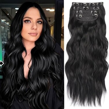 24 Inch Jet Black Hair Extensions Clip in Hair Extensions 4 Pcs Long Wavy Synthetic Hair Extensions Clip in Soft Hair Extensions Double Weft Hairpieces Full Head for Women (24INCH, 1B)