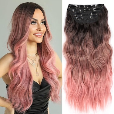 Clip in Hair Extensions Synthetic Wavy Hair Extensions Clip in 20 inch Thick Pink Hair Extensions Clip Double Weft Hair Extension for Women (20INCH, PINK)