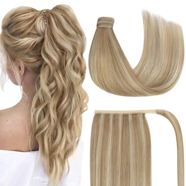 Ve Sunny Ponytail Extension Human Hair Blonde Hair Extensions Ponytail Light Blonde Mix Golden Blonde Highlights Real Hair Ponytail Extension Short Ponytail Extension Highlights 80g 14inch