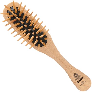 Kent KB MiniWoodyhog Travel Size Detangling Brush Beech-wood Travel Brush, Firm Rounded Wooden Bristles,Natural Cushion Detangler Wooden Hair Brush for Women Men and Kids Everyday Care,Made in England