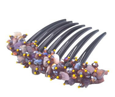 Thai Hair Comb, Side Comb French Twist, Purple Stone Ornamented, Wedding Hair Accessory, Handmade From Thailand, 3.5 x 4 Inch