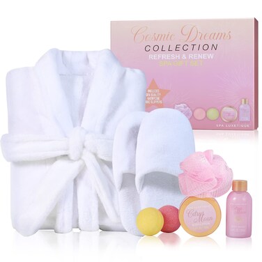 Spa Luxetique Robe and Slippers Spa Set Women, Valentines Day Gifts for Wife, 6pcs Flannel Soft Bath Robe, Bath and Body Works Bath Sets with Slippers, Body Lotion, Bath Bombs, Robe Sets for Women