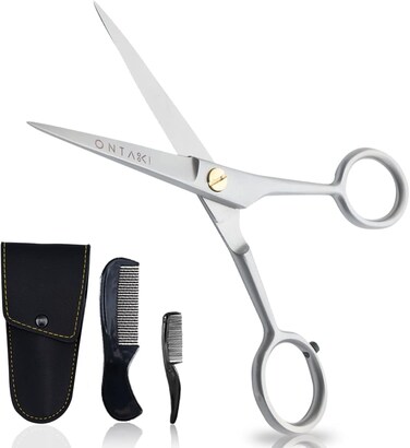 Ontaki 5 Inch German Beard &amp; Mustache Trimming Scissors, 2 Combs (Beard + Mustache) with Pouch, Hand-Forged 410C Steel, Finger Rest, Silver