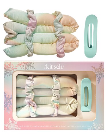 Kitsch Holiday Hair Hero XL Satin Heatless Styling &amp; Flat Lay Claw - Heatless Curls &amp; Waves, Extra Large Curling Rods, Satin Scrunchies &amp; Claw Clip for Hair Protection &amp; Comfort - 4 pcs set, Aura