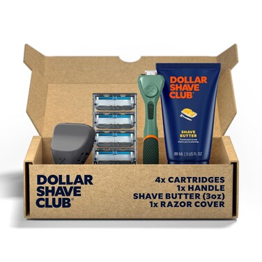 Dollar Shave Club   The Member Exclusive Shave Set   4 Extra Close Refill Cartridges, 1 Handle (Green), 1 Shave Butter 3 ounce, 1 Razor Cover