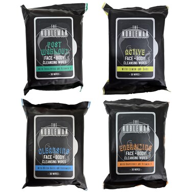 The Nobleman 4-Pack Face + Body Aloe Infused Cleansing Wipes: Post Workout with Eucalyptus Active with Lemon and Sage, Cleansing with Witch Hazel and Cucumber, Energizing with Grapefruit (120 Ct.)