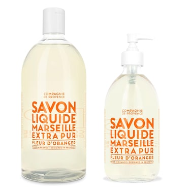 Compagnie de Provence Savon de Marseille Extra Pure Liquid Soap - Orange Blossom - 16.9 Fl Oz Glass Pump Bottle and 33.8 fl oz Plastic Bottle Refill