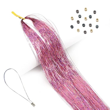 Pink Hair Tinsel Kit Strands, Fairy Hair tinsel kit in Hot Pink Hair Extensions with beads and loop tool Tinsel Strand Hair Extensions (Light Pink Tinsel)