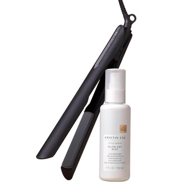 Kristin Ess Hair Nanoblack 3-in-1 Curling Flat Iron Straightener + Style Assist Heat Protectant Spray - 1 1/4 Inch Salon Professional Ceramic Hot Tool - Hair Straightener + Curler 2 in 1 + Beach Waver