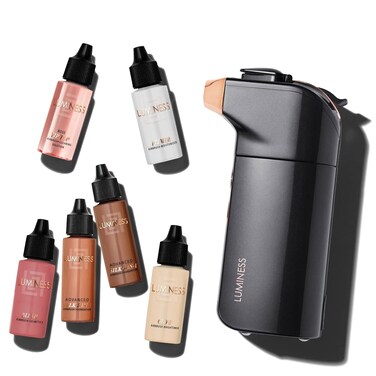 Luminess Breeze Duo Airbrush Makeup System, Deep Coverage &ndash; 9-Piece Kit includes 2x Silk Airbrush Foundation, Apricot Shade Blush, Glow Highlighter, Moisturizer Primer, and Airbrush Cleaning Solution