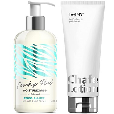 IntiMD Coochy Plus Coco Allure &amp; Chafe Lotion Kit - Intimate Shave Cream Prevents Razor Burn In-Grown Hair + Chafe Lotion Anti-Chafe Cream, Anti-Rubbing, Friction for Inner Thighs, Armpit, Running