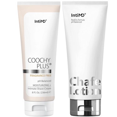 IntiMD Coochy Plus Fragrance Free &amp; Chafe Lotion Kit - Intimate Shave Cream Prevents Razor Burn In-Grown Hair + Chafe Lotion Anti-Chafe Cream, Anti-Rubbing, Friction for Inner Thighs Armpit Running