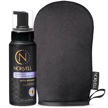 Norvell Sunless Self Tanning Bundle - Venetian Self Tanner Mousse with Bronzer, 8 Fl Oz + Streak-Free Tan Applicator Mitt - Premium Natural Looking Self Tanning Foam and Washable Self Tan Mitt