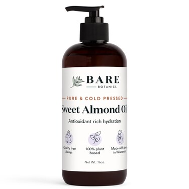 Bare Botanics 100% Pure Sweet Almond Body Oil 16 oz - Cold Pressed &amp; Natural for All Over Moisturization - Multipurpose Carrier Oil for DIY - Hydrate Dry Skin, Hair &amp; Body - Vegan, Cruelty Free Beauty