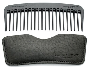 Chicago Comb Model 10 Carbon Fiber + Black Horween Leather Sheath, Wide Tooth, Made in USA