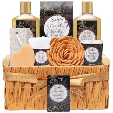 Valentines Day Spa Gift Baskets For Women, Spa Gifts For Women, lavender &amp; vanilla Bath And Body Set, Includes Shower Gel, Bath Towel, Pumice Stone, Bubble Bath And More, Gifts For Women, Gift For Mom