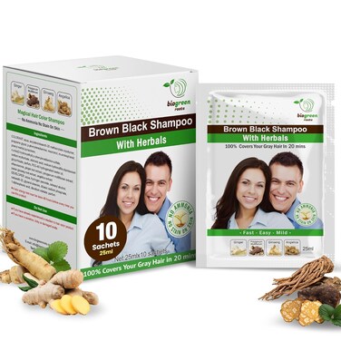 Ammonia-Free Herbal Hair Shampoo - Effectively Covers Gray Hair for Men and Women - Natural Color and Herbal Nourishment - No Stain on Skin - Brown Black (10 sachets x 25 ml)