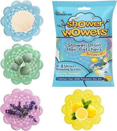 Shower Wowers by Rinseroo 4 Pack Scented Hair Catchers for Shower Drain &mdash; Citrus, Lavender, Eucalyptus, Ocean Breeze &mdash;Reusable Fragrance Hair Trap for Bathroom Sinks, Clog Remover, Sink Drain Strainer