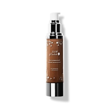 100% PURE Tinted Moisturizer Anti-Aging Face Makeup - Fruit Pigmented Cocoa Light to Medium Coverage &amp; Dewy Glow - Lightweight Foundation Deep Skin w/Neutral Undertone - Vegan - 1.7 Fl Oz