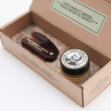 CAPTAIN FAWCETT Mustache Wax (Sandalwood Scent) &amp; Folding Pocket Mustache Comb (CF.87T) Gift Set - Made in England