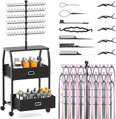 Portable Braiding Hair Rack With Wheels &amp; Storage Drawers,168 Pegs Hair Extension Holder Hanger for Braiding Hair Separator Stand Display Stand,Hair Stand with Stylist Hair Braiding Tools(black)