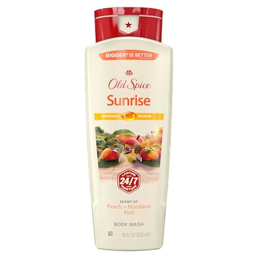 Old Spice Cleansing Body Wash for Men, 24/7 Shower Fresh with Lasting Scent, Moisturize &amp; Renew, Gentle on Skin, Vitamin B3, Sunrise with Peach + Mandarin Peel Scent, 18 oz