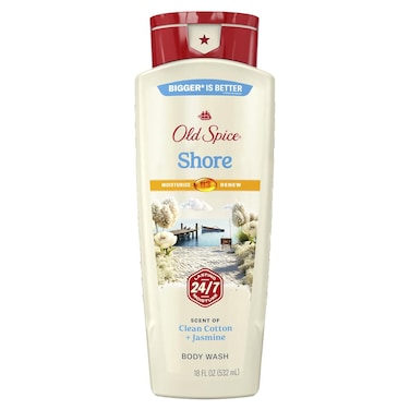 Old Spice Cleansing Body Wash for Men, 24/7 Shower Fresh with Lasting Scent, Moisturize &amp; Renew, Gentle on Skin, Vitamin B3, Shore with Clean Cotton &amp; Jasmine Scent, 18 oz