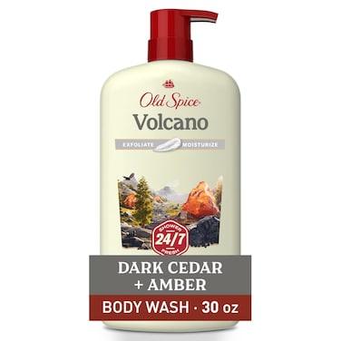 Old Spice Exfoliating &amp; Moisturizing Body Wash for Men, 24/7 Shower Fresh with Lasting Scent, Vitamin B3 Blend, Refreshingly Clean, Volcano with Dark Cedar + Amber Scent, 30 oz