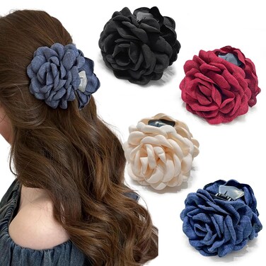 4PCS Hawaiian Plumeria Floral Hair Claw Clips for Women Girls, 3.94" Large Handmade Fabric Rose Flower Shark Catch Clamp for Thick Thin Hair Sweet Hair Accessory for Beach Vacation Everyday
