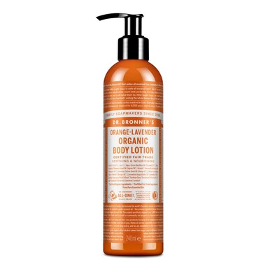 Dr. Bronner's 3-in-1 Orange &amp; Lavender Organic Hand and Body Lotion, Made with Organic Oils, Used for Hands, Face and Body, Certified Fair Trade &amp; Vegan Friendly, 236ml Recycled Bottle