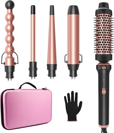 GSKY 5 in 1 Curling Wand Set, Curling Iron with Curling Brush and 4 Interchangeable Ceramic Curling Wand(0.5&rdquo;-1.25&rdquo;), Fast Heating, Include Suitcase &amp; 2 Clips &amp; Heat Protective Glove