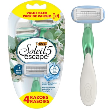 BIC Soleil Escape Women's Disposable Razors With 5 Blades for a Sensorial Experience and Comfortable Shave, Pack of Jasmine &amp; Eucalyptus Scented Handle Shaving Razors for Women, 4 Count