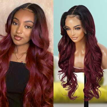 GLAM21USA HD LACE Front Wig Loose Wave 13X6 Glueless Invisible Transparent Lace Frontal Wigs Human Hair Blend PrePlucked Swiss-Lace Curly Long Synthetic Wig - Bella (Neutral-Lace, OET1B/BURG)