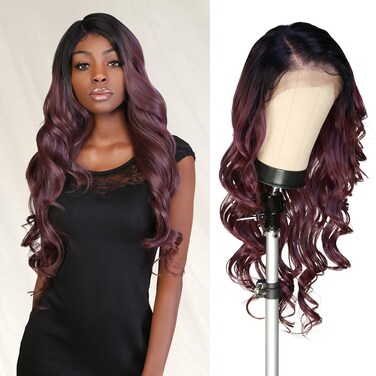 GLAM21USA HD LACE Front Loose Curl 13X6 Glueless Invisible Transparent Lace Frontal Wig Human Hair Blend Swiss-lace Curly Long Heat Friendly Synthetic Wigs - Nisha (Neutral-Lace, BALAYAGE/CHOCO LILAC)
